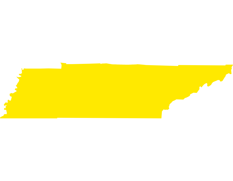 A simple, yellow silhouette map of the state of Tennessee.