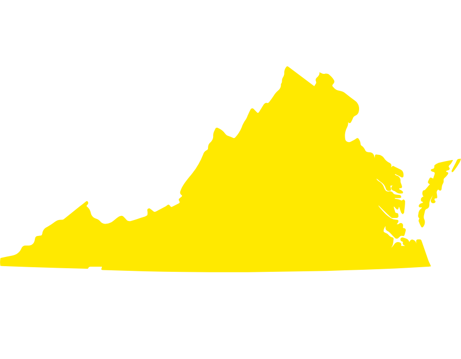 A simple, yellow silhouette map of the state of Virginia